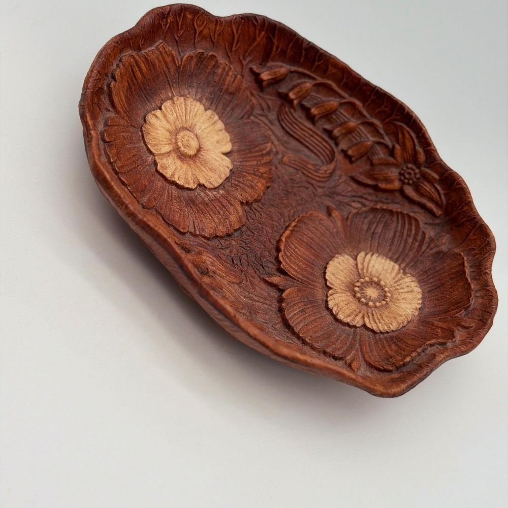 Vintage Style Brown Floral Relief Trinket Dish Faux Wood Carved Poppy Tray 9.5in